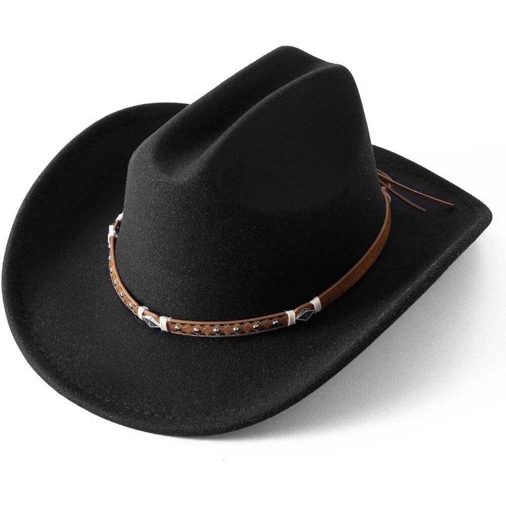 Women's Black Western Studded Leather Accent Band Classic Fedora Felt Cowboy Hat